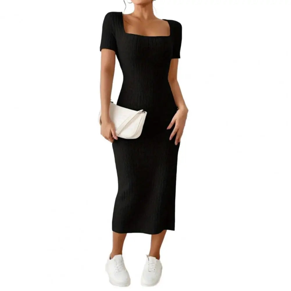 Solid Color Square Neckline Dress Elegant Square Neck Knitted Midi Dress for Women Solid Color Party Commute Dress with Short