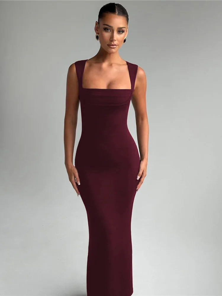 Mozision Square Collar Sleeveless Sexy Maxi Dress For Woman Fashion Spring Summer New High Waist Bodycon Club Party Long Dress
