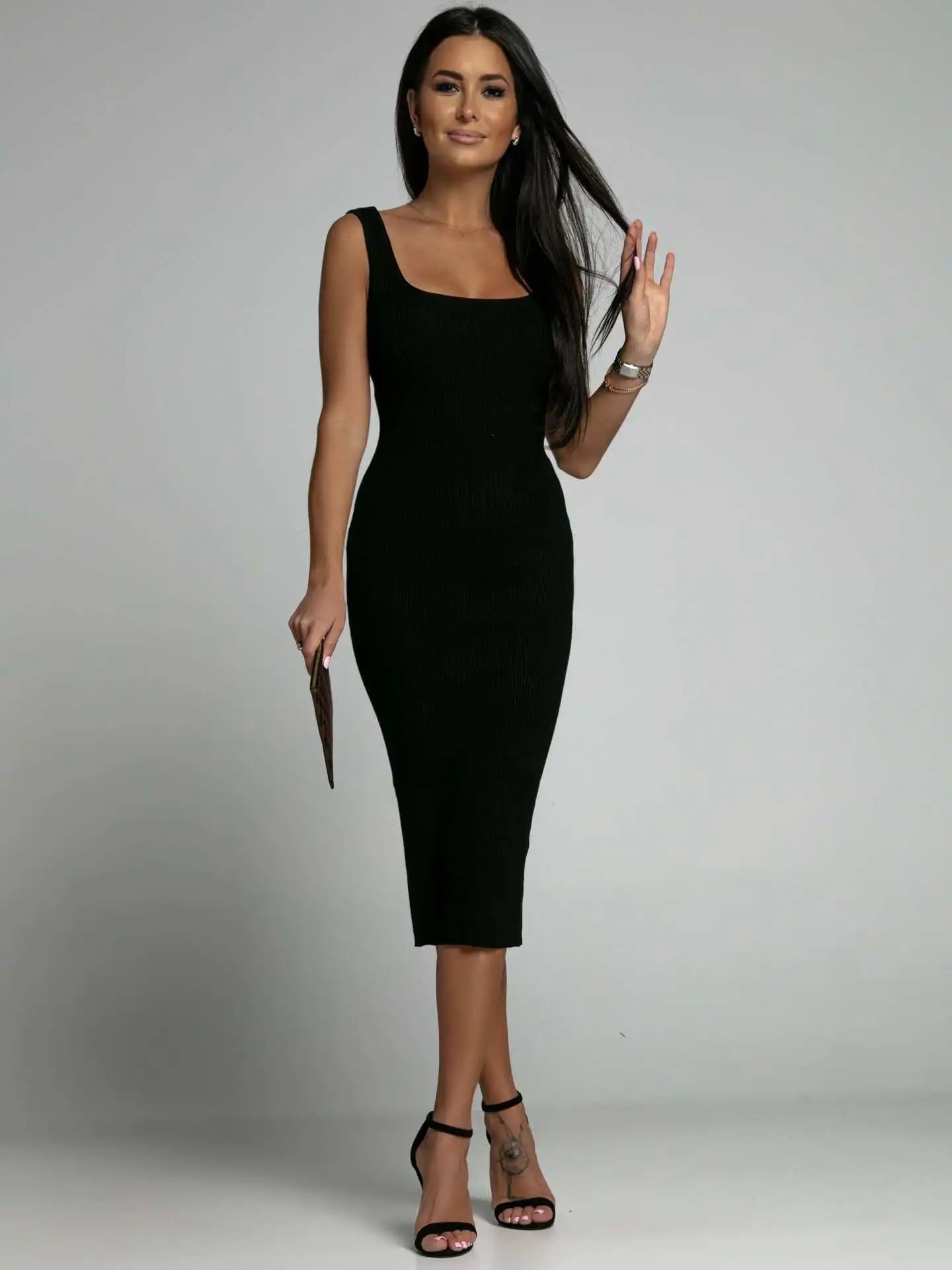 Summer Khaki Solid Kintted Square Collar Sleeveless Bodycon Dress Casual Slim Black White Mid Dresses For Women Vestidos 2024